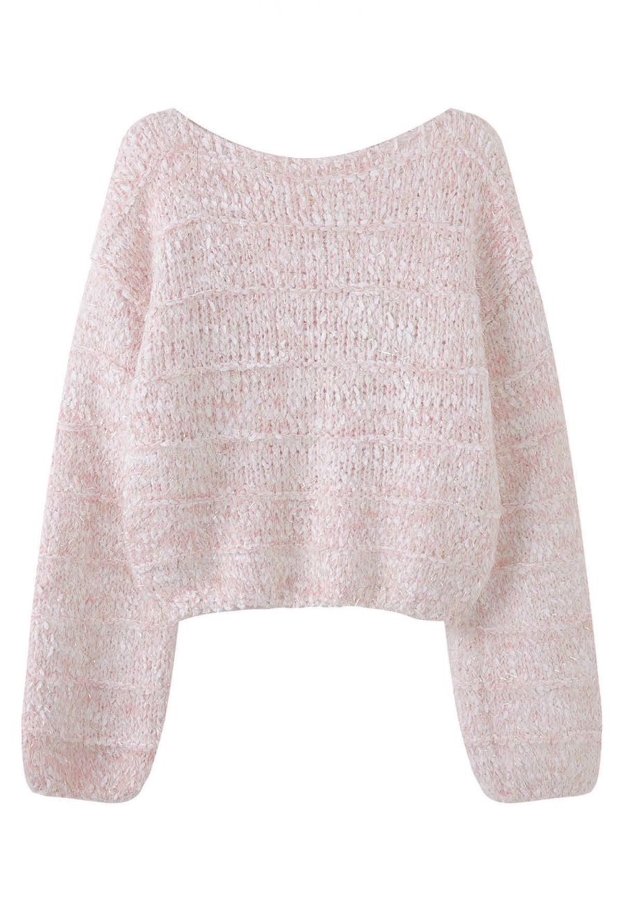 Fuzzy Metallic Thread Chunky Knit Crop Sweater in Light Pink