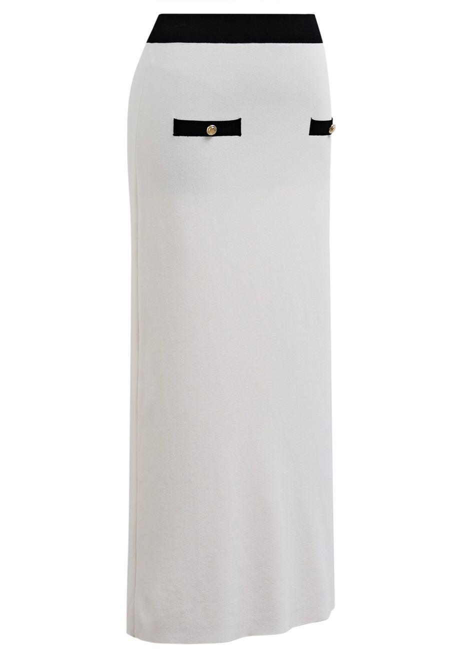 Sophisti-Sleek Contrast Knit Pencil Maxi Skirt in White
