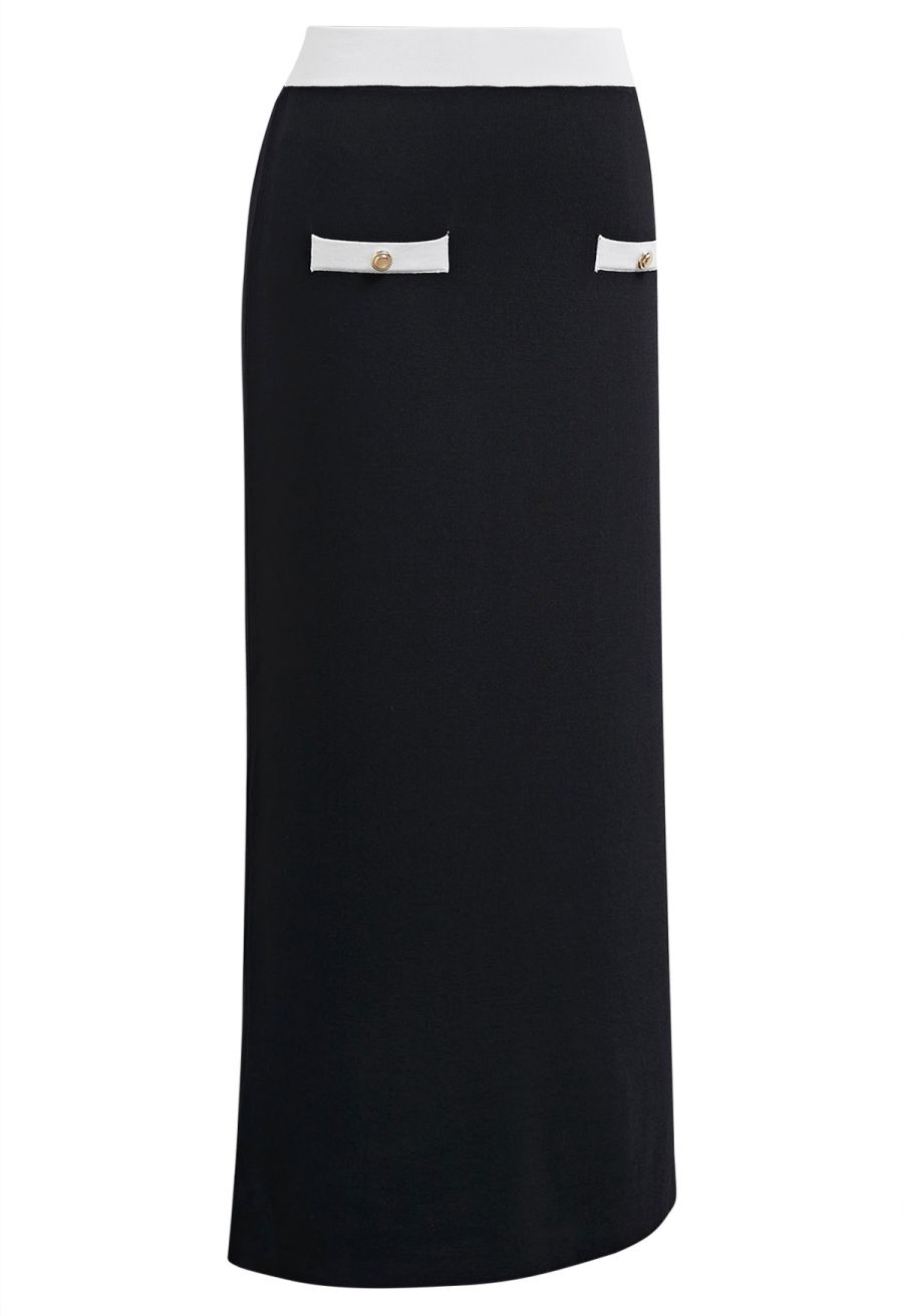 Sophisti-Sleek Contrast Knit Pencil Maxi Skirt in Black