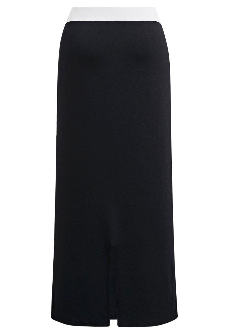 Sophisti-Sleek Contrast Knit Pencil Maxi Skirt in Black