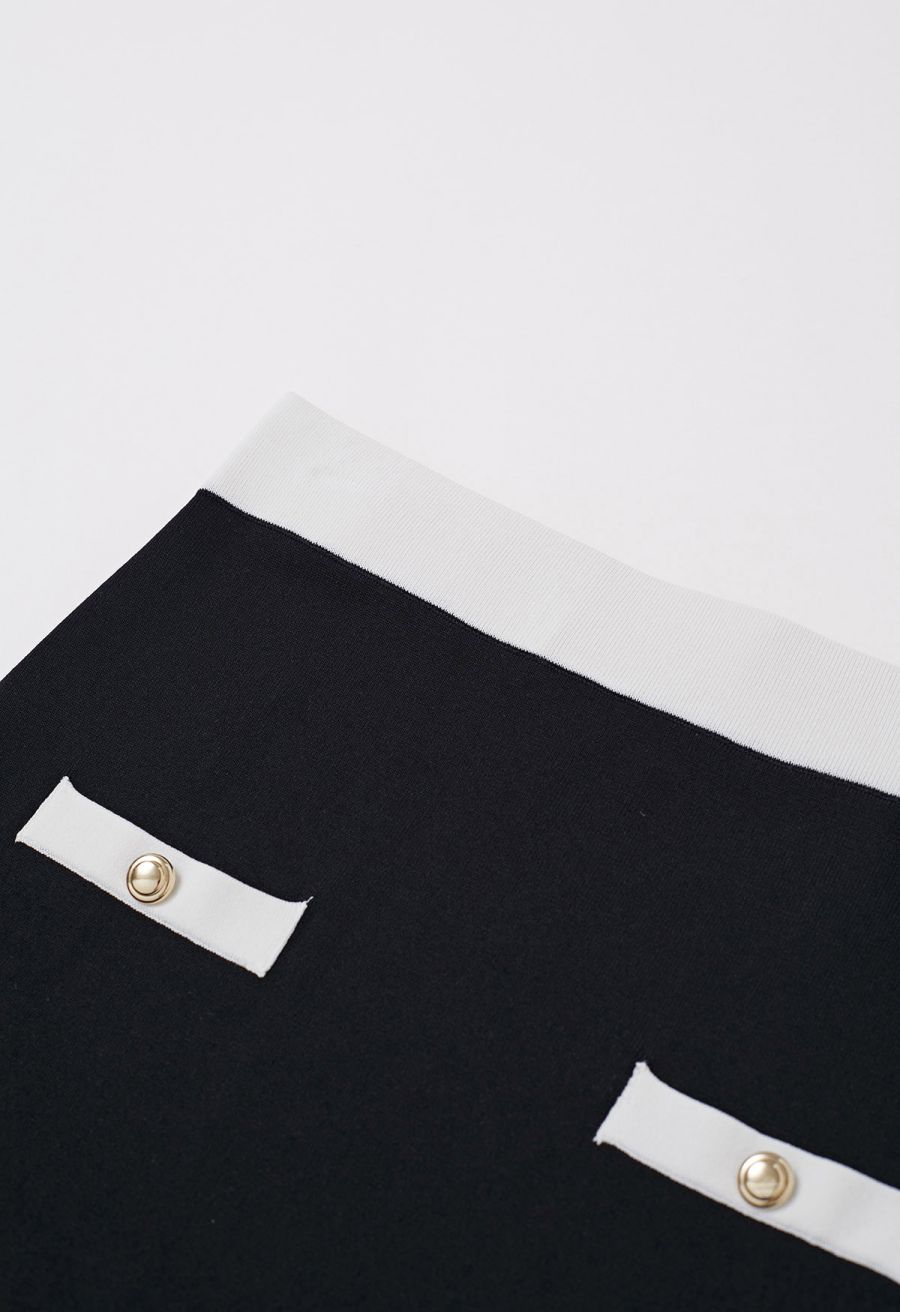 Sophisti-Sleek Contrast Knit Pencil Maxi Skirt in Black