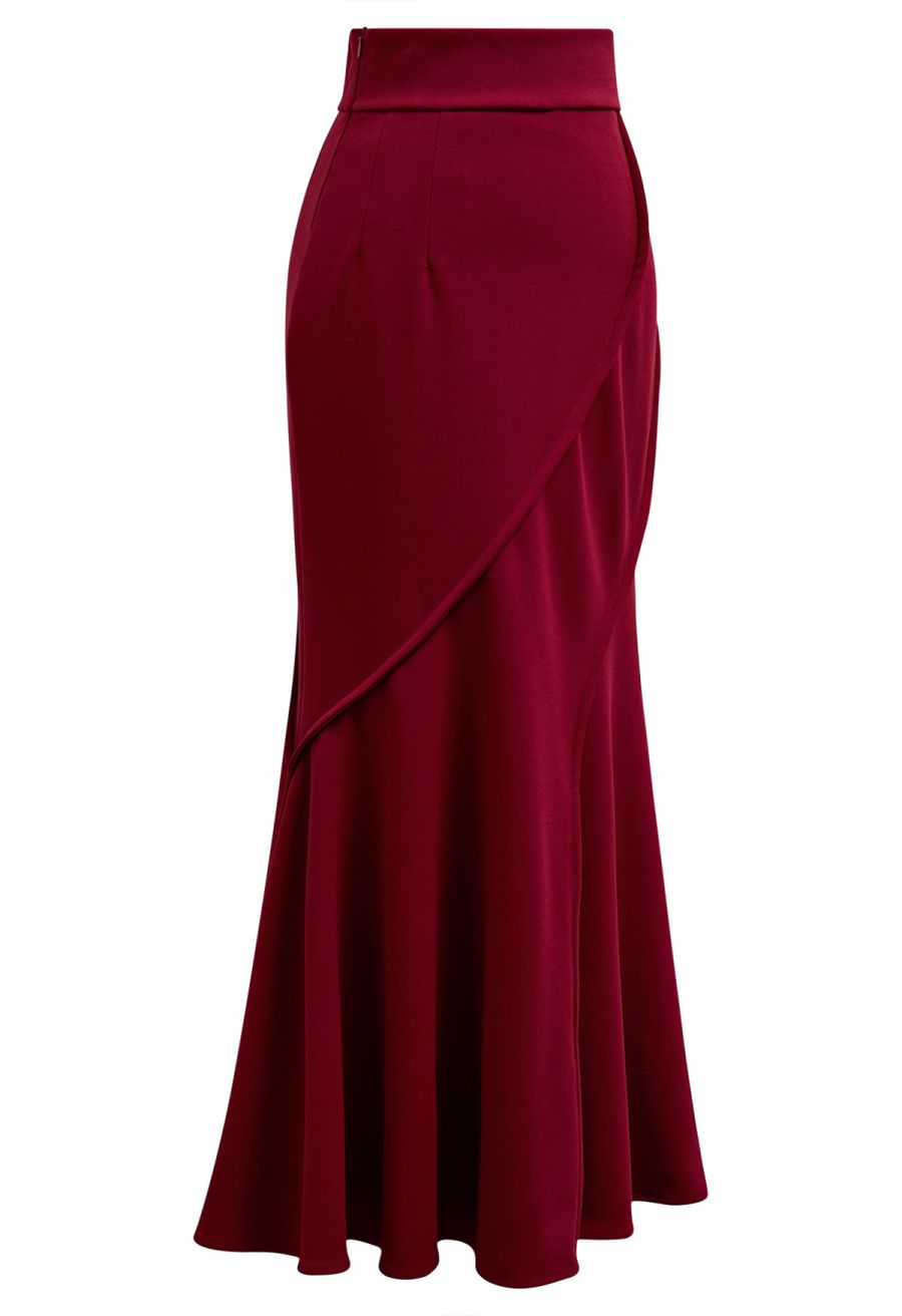 Wavy Seam Mermaid Maxi Skirt in Red