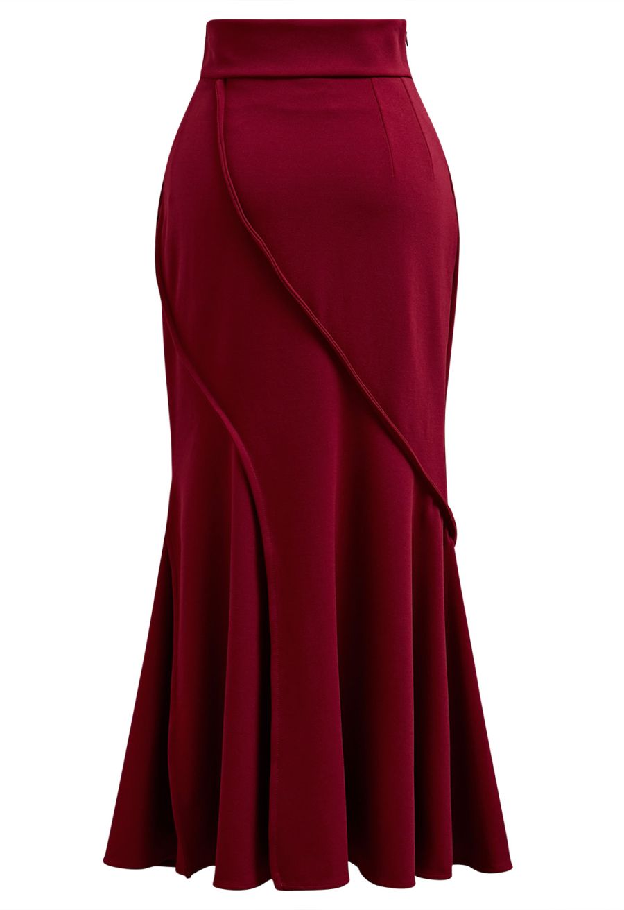 Wavy Seam Mermaid Maxi Skirt in Red