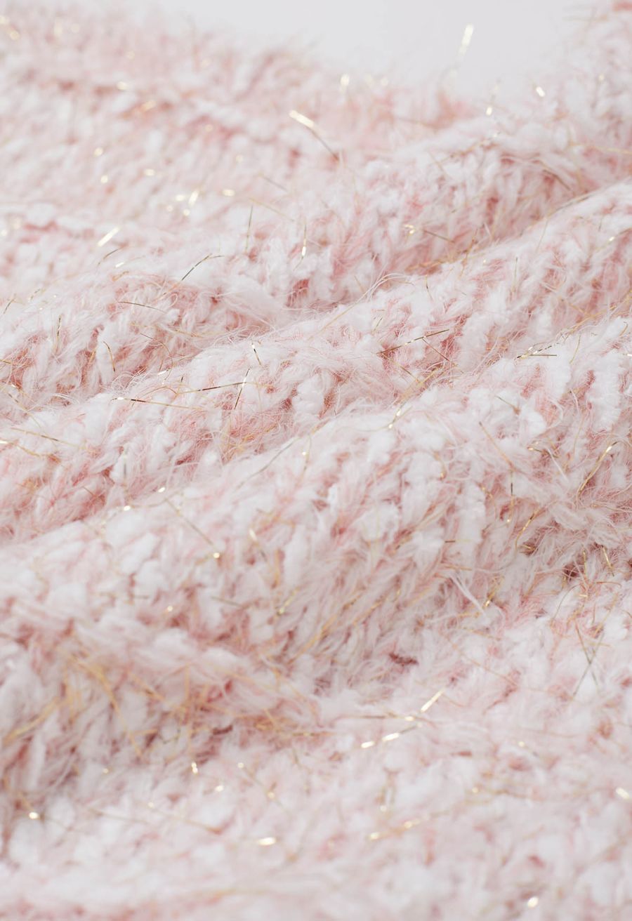 Fuzzy Metallic Thread Chunky Knit Crop Sweater in Light Pink