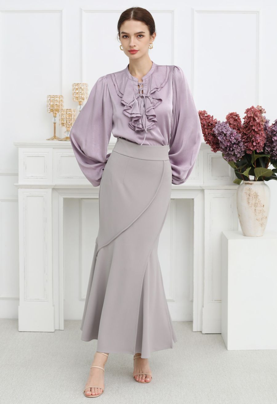 Tiered Ruffle Bubble Sleeve Textured Satin Top in Lilac