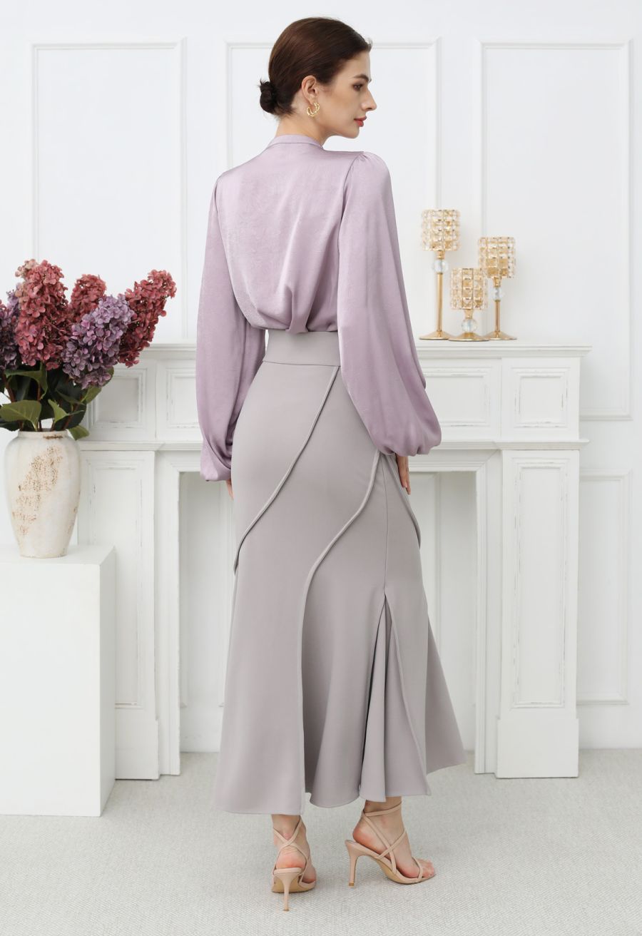 Tiered Ruffle Bubble Sleeve Textured Satin Top in Lilac