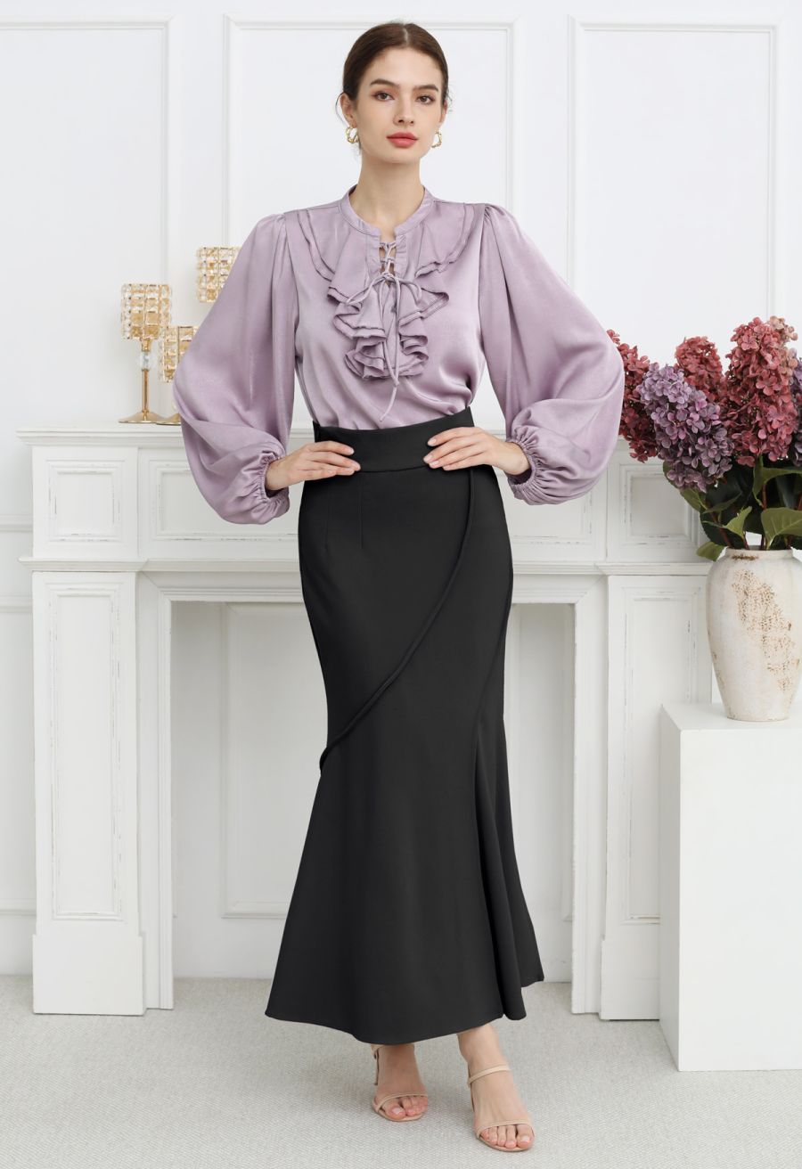 Wavy Seam Mermaid Maxi Skirt in Black