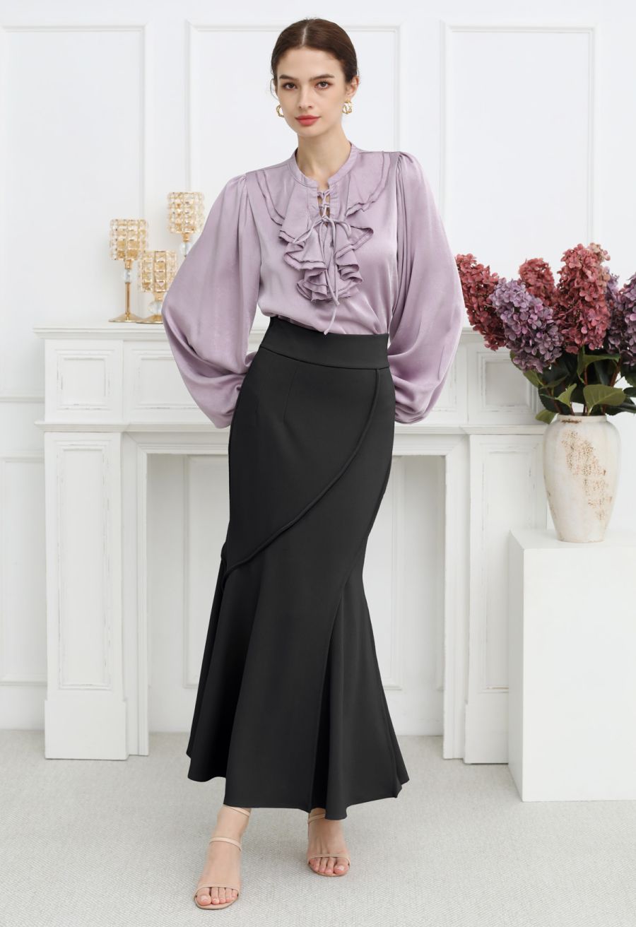 Wavy Seam Mermaid Maxi Skirt in Black