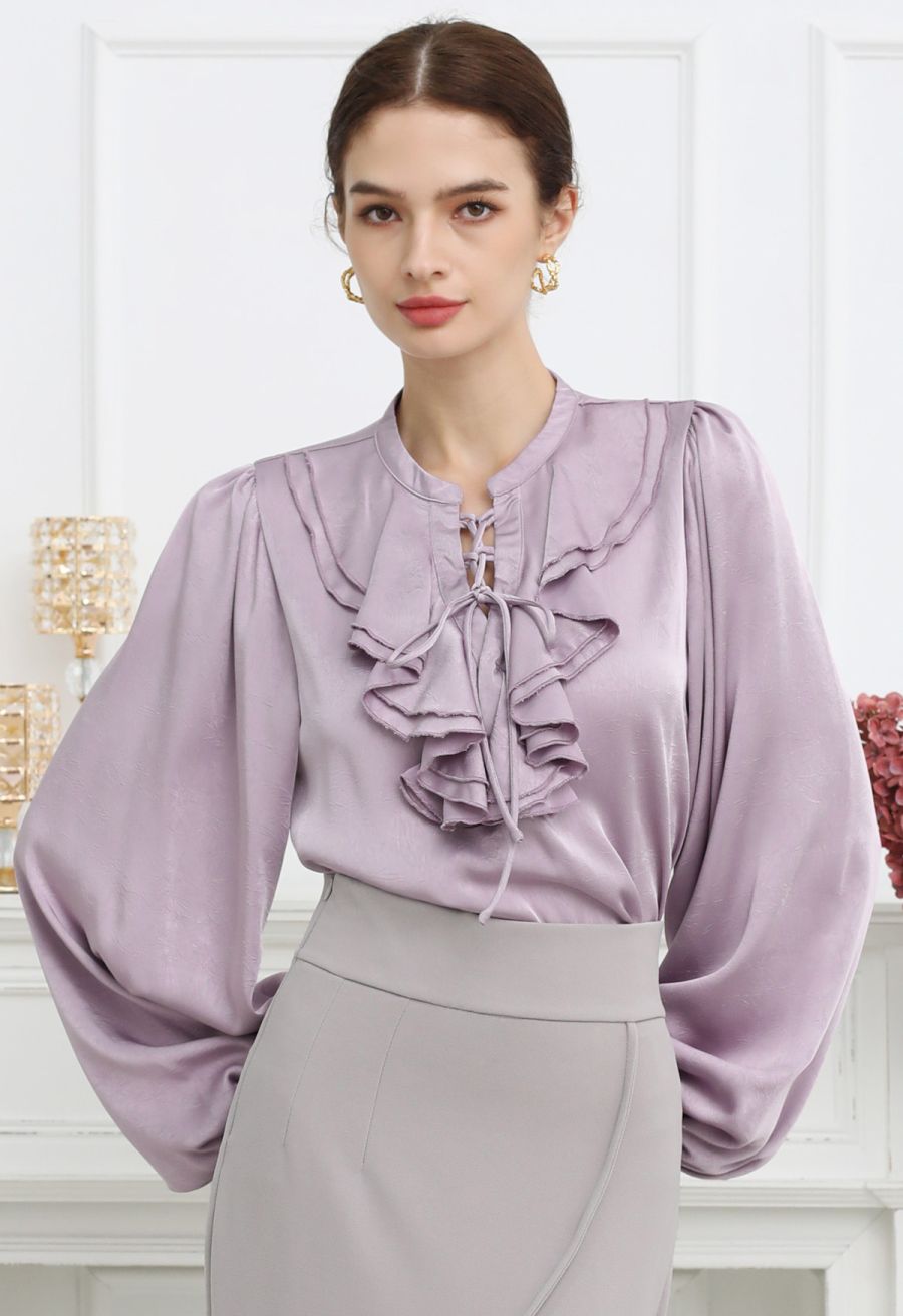 Tiered Ruffle Bubble Sleeve Textured Satin Top in Lilac
