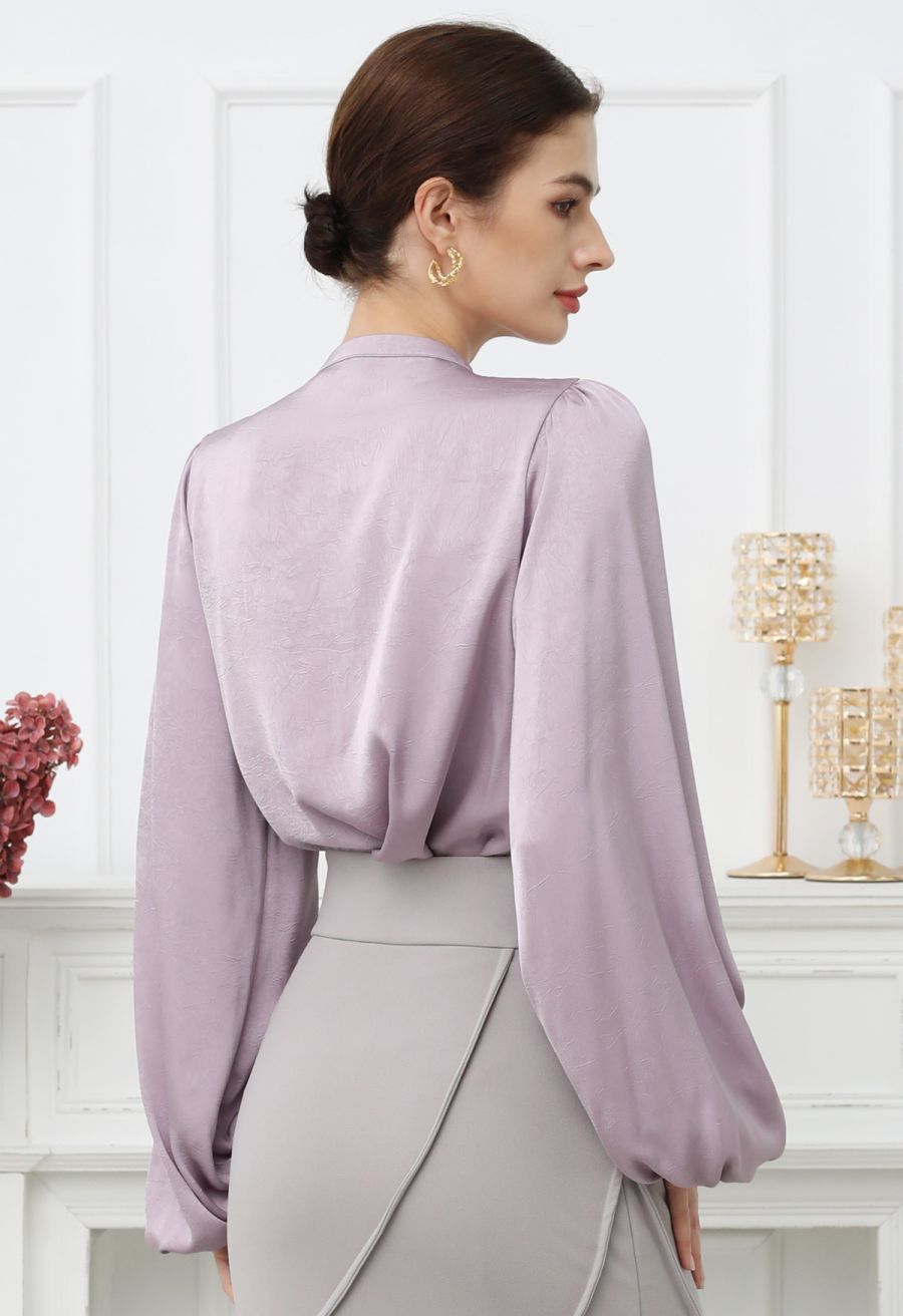 Tiered Ruffle Bubble Sleeve Textured Satin Top in Lilac