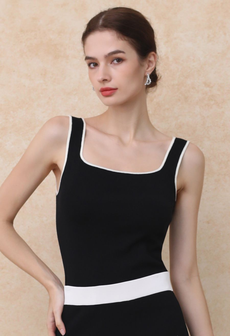 Contrast Edge Square Neck Knit Tank Top in Black