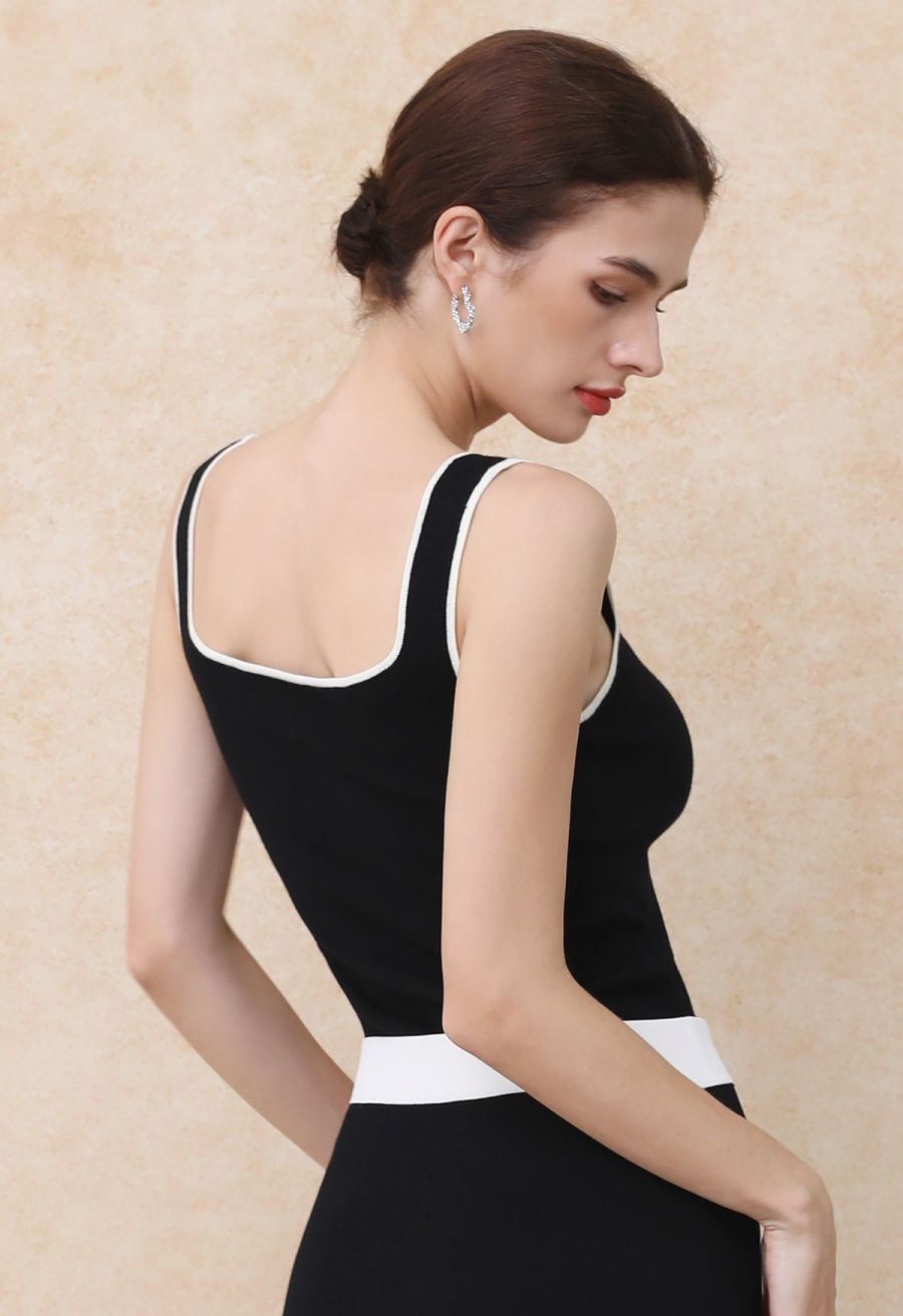 Contrast Edge Square Neck Knit Tank Top in Black