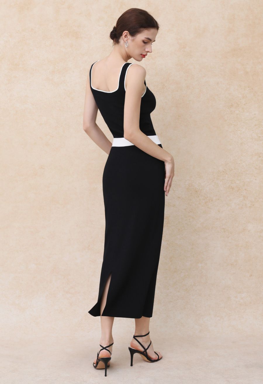 Sophisti-Sleek Contrast Knit Pencil Maxi Skirt in Black