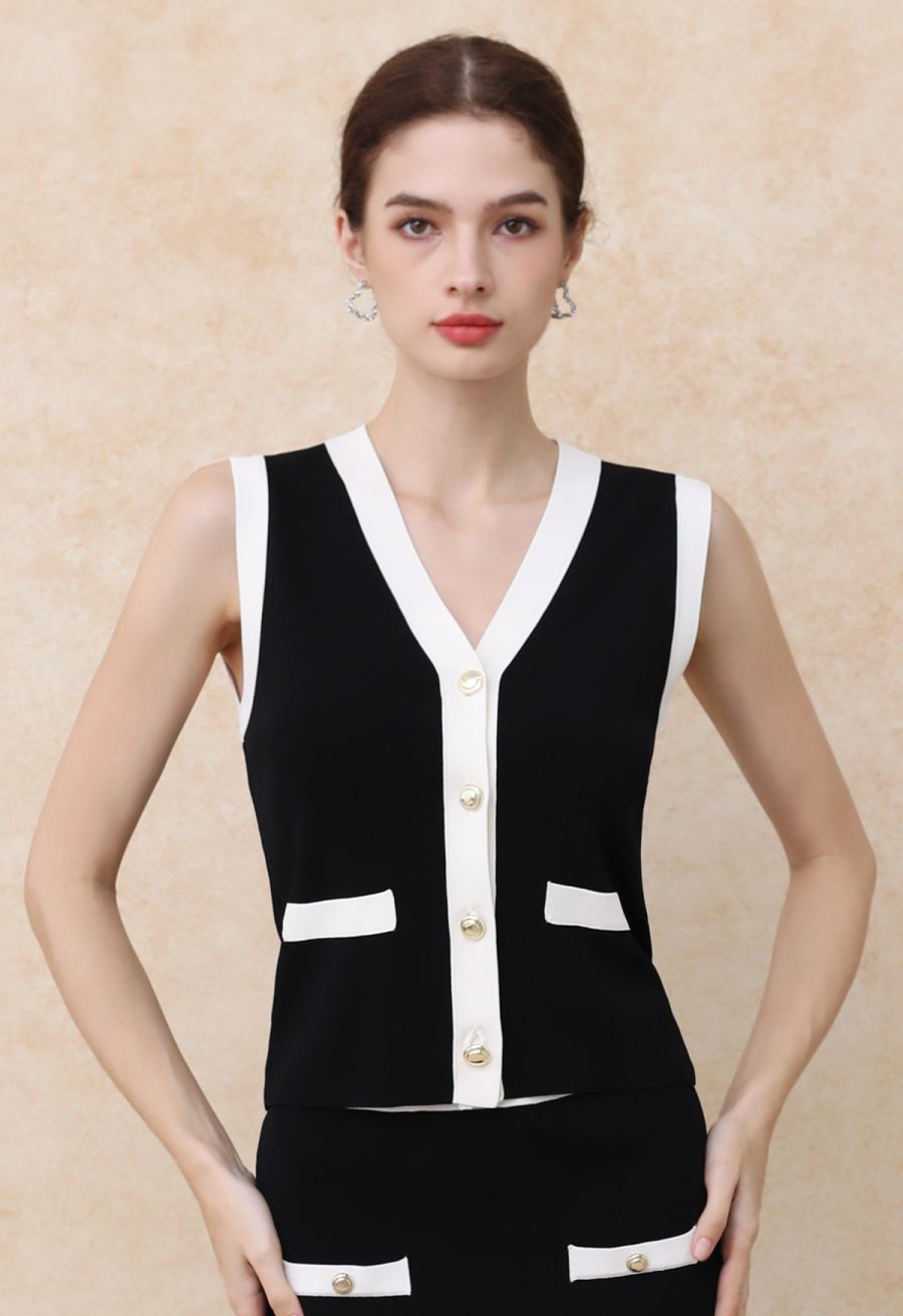 Contrast V-Neck Button Knit Vest in Black