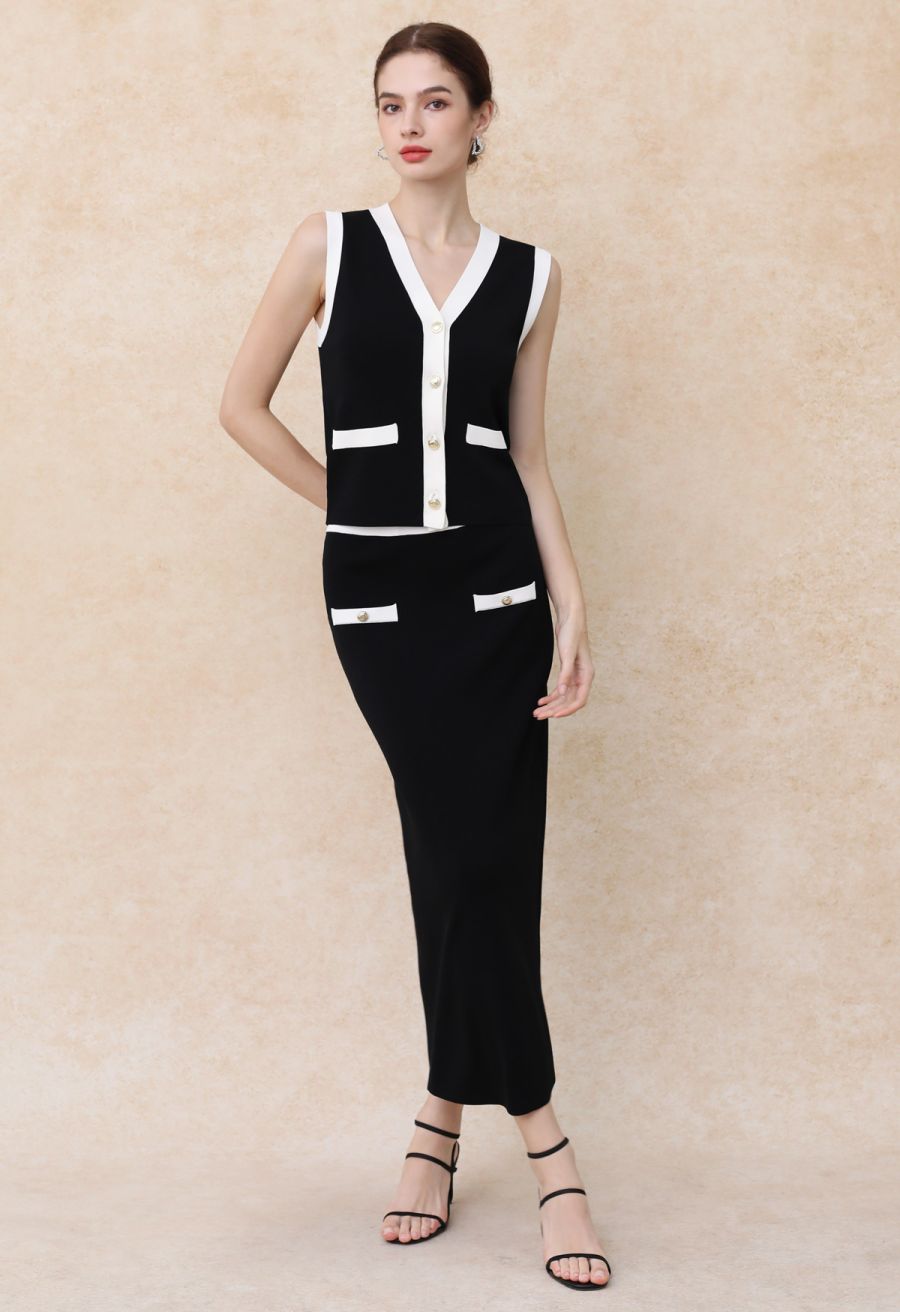 Contrast V-Neck Button Knit Vest in Black