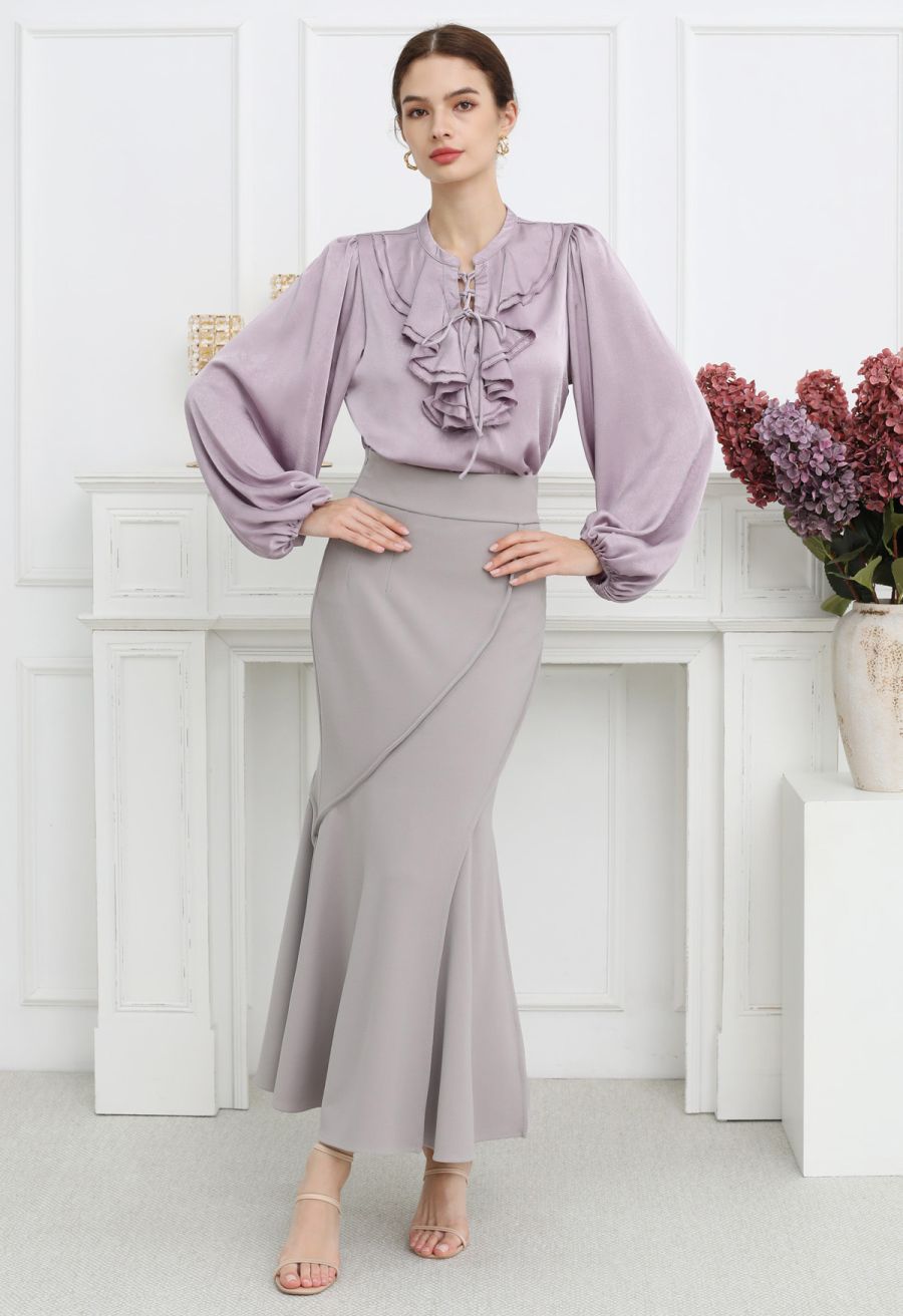 Tiered Ruffle Bubble Sleeve Textured Satin Top in Lilac