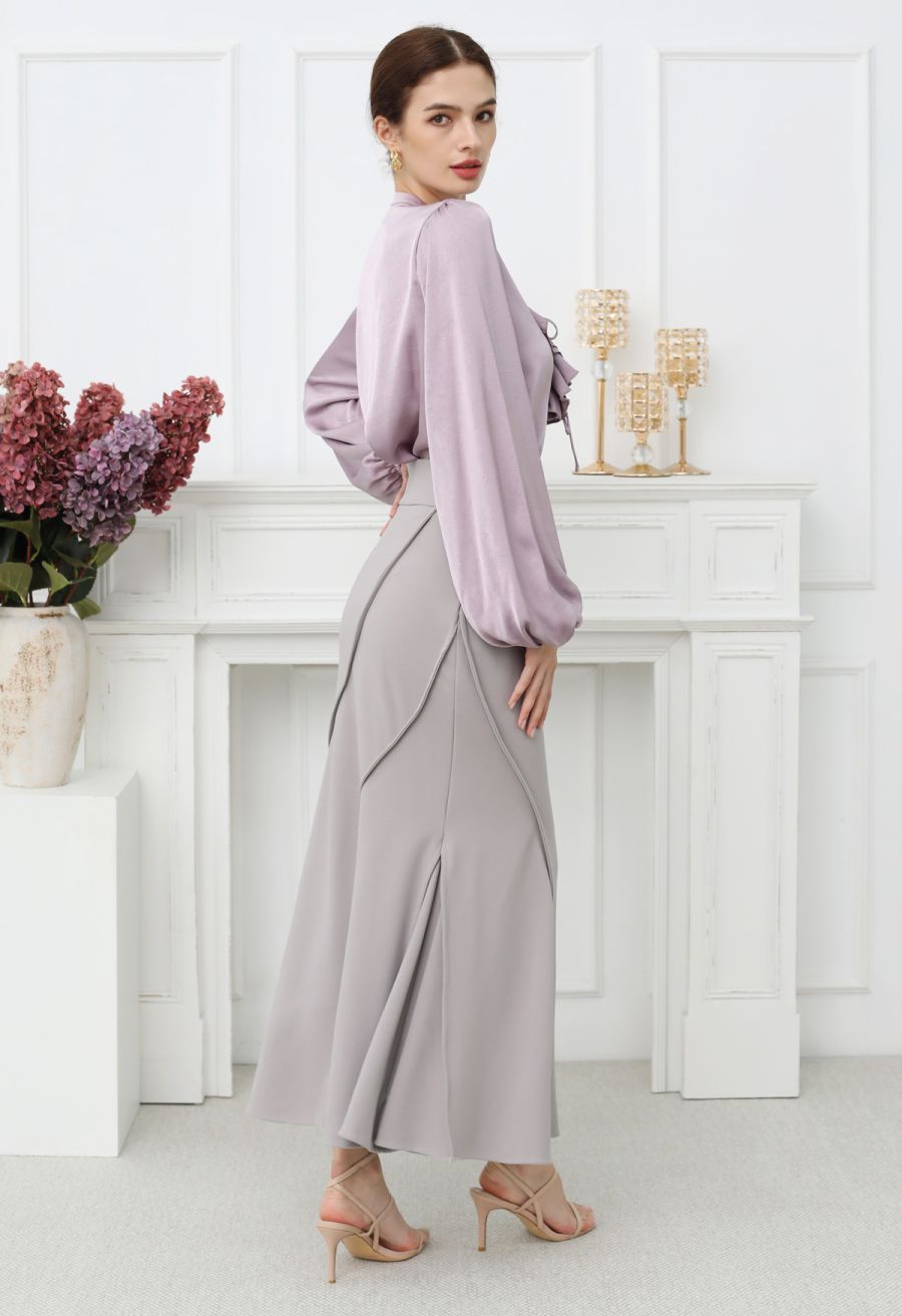 Tiered Ruffle Bubble Sleeve Textured Satin Top in Lilac