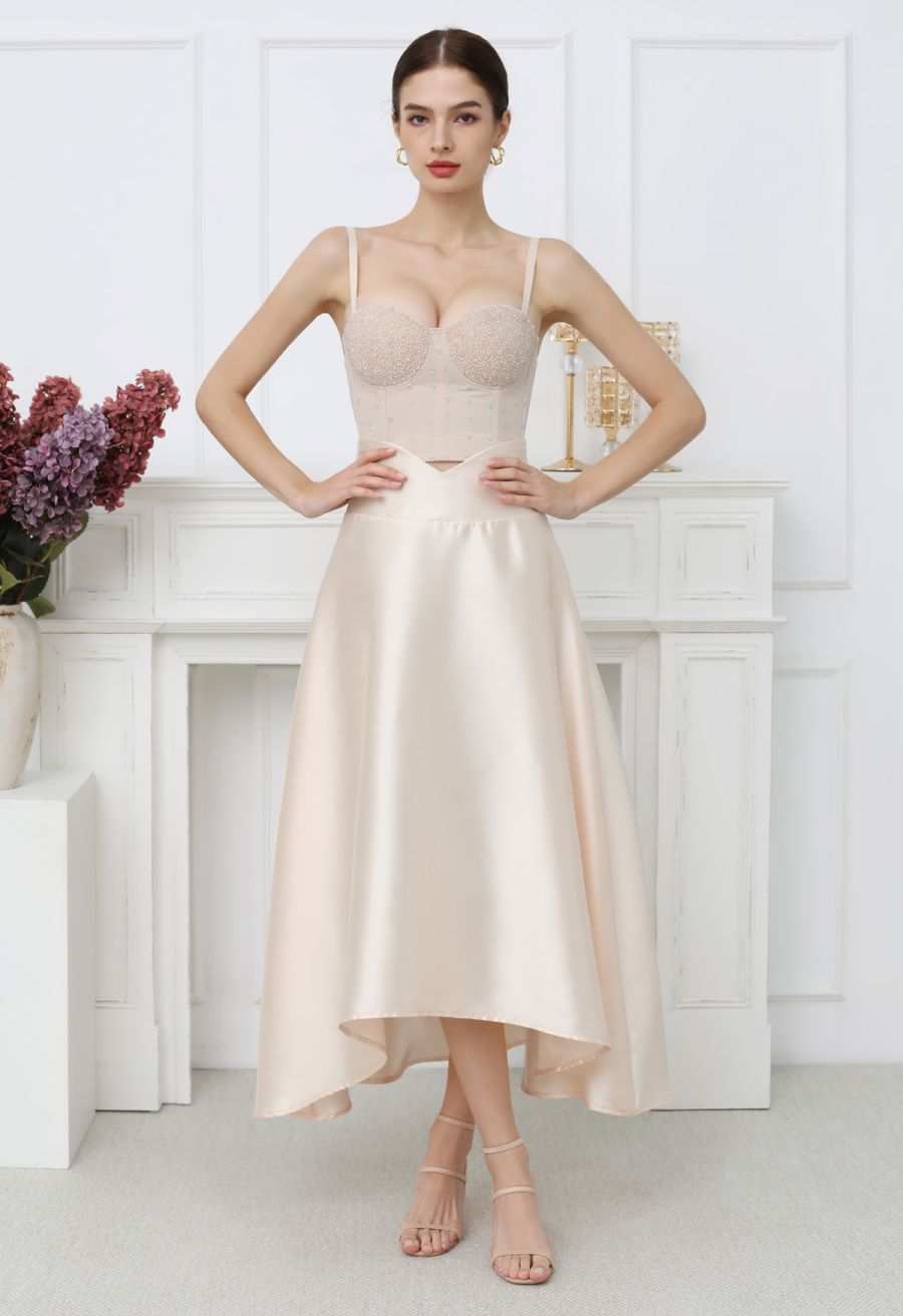 V-Cut Shaped Hi-Lo Hem Maxi Skirt in Champagne