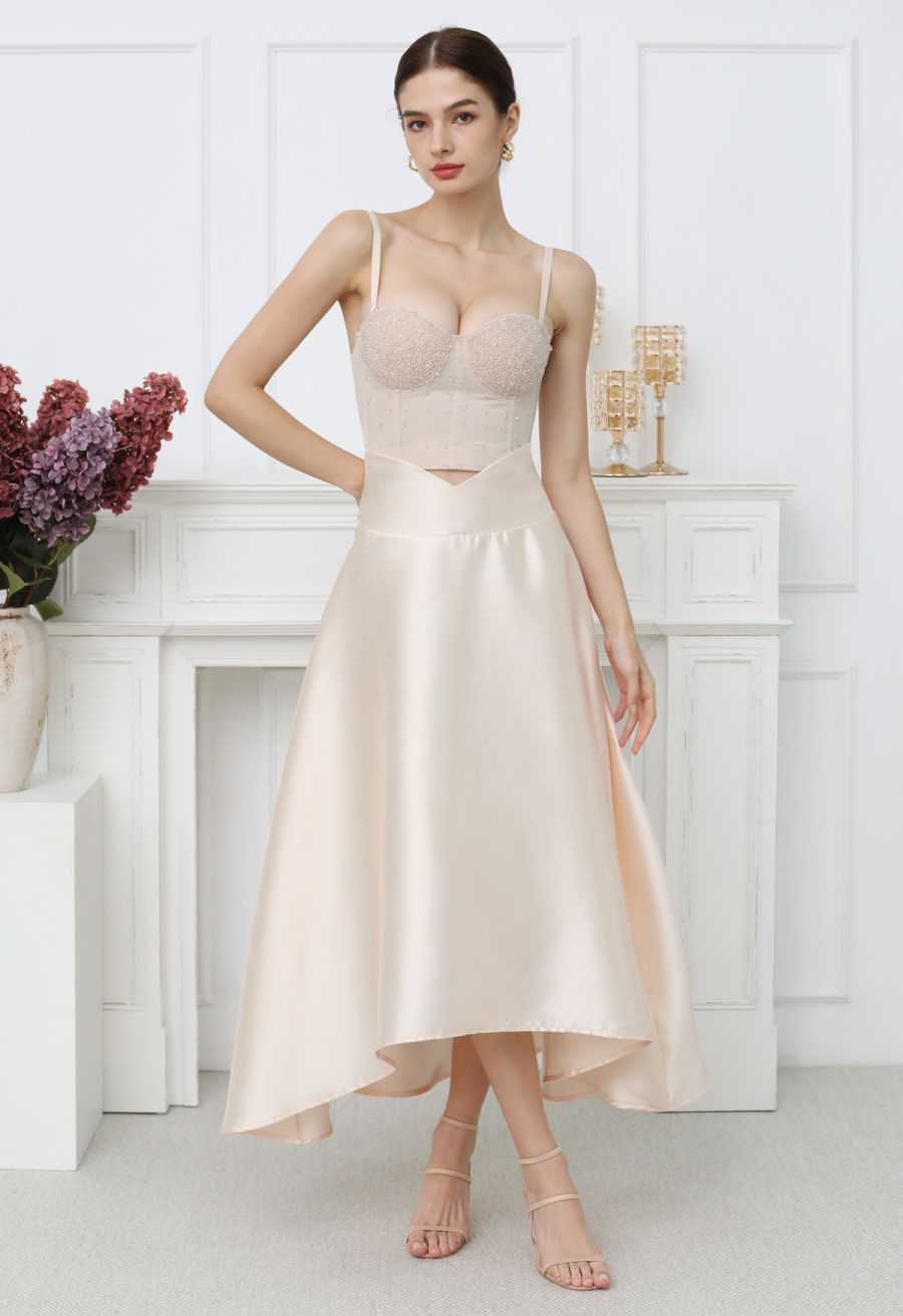 V-Cut Shaped Hi-Lo Hem Maxi Skirt in Champagne