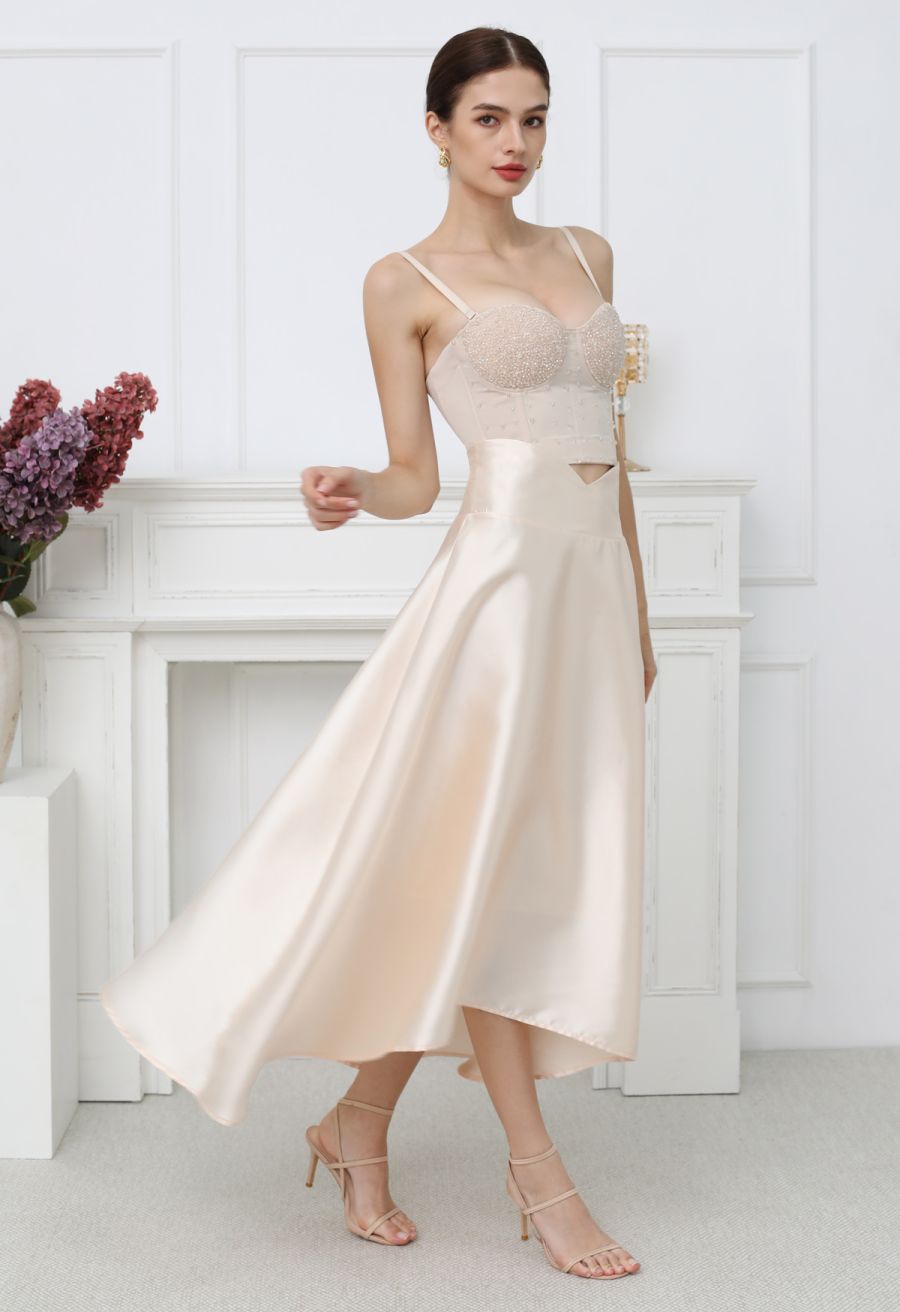 V-Cut Shaped Hi-Lo Hem Maxi Skirt in Champagne
