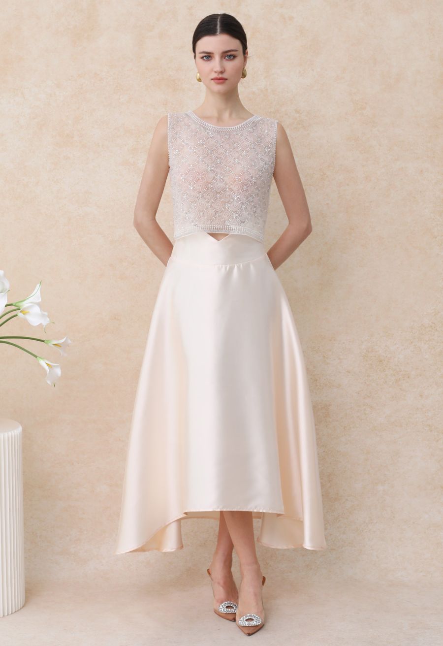 V-Cut Shaped Hi-Lo Hem Maxi Skirt in Champagne