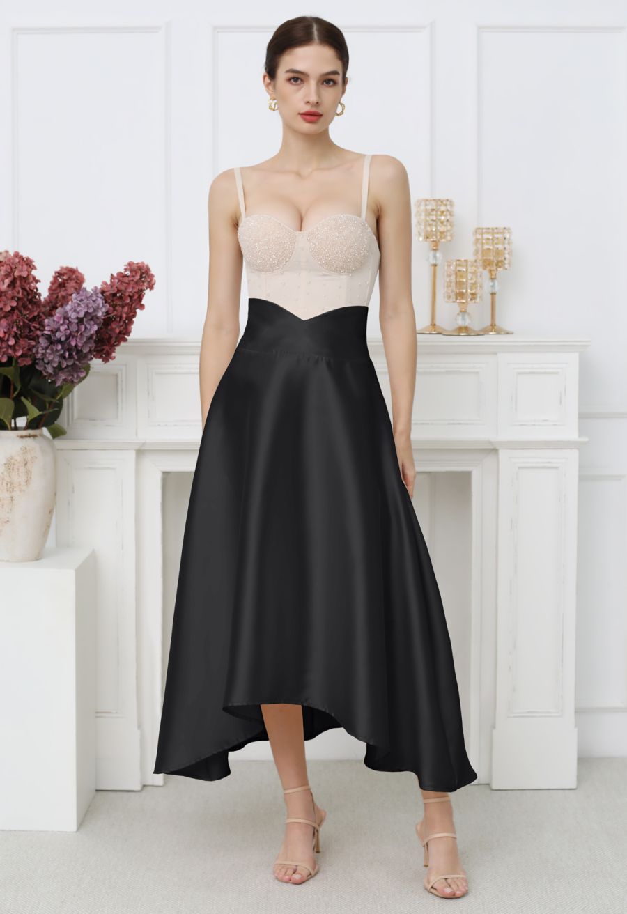 V-Cut Shaped Hi-Lo Hem Maxi Skirt in Black