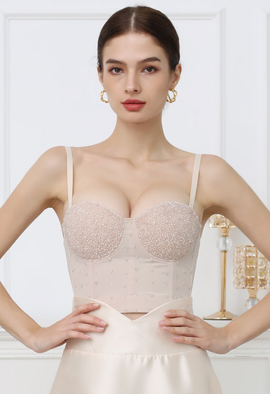 Rhinestone Embellished Corset Push-Up Bra Top in Apricot