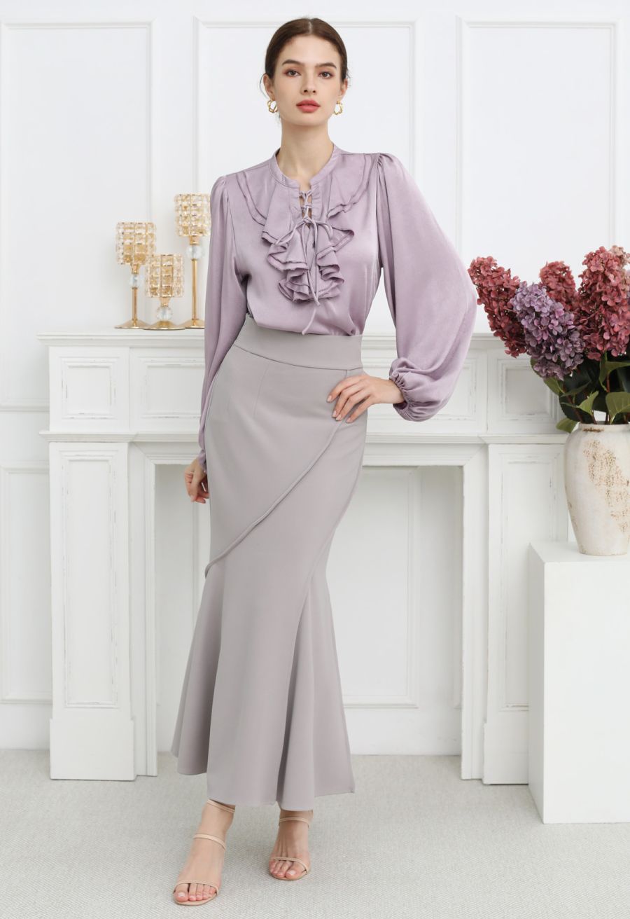 Tiered Ruffle Bubble Sleeve Textured Satin Top in Lilac