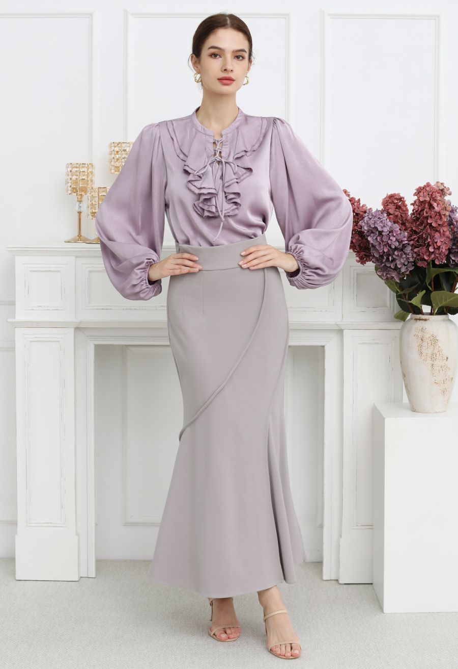 Tiered Ruffle Bubble Sleeve Textured Satin Top in Lilac