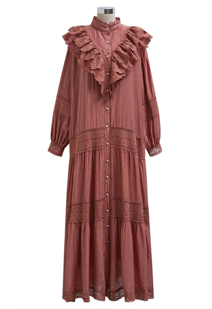 Rhinestone Decor Cutwork Panel Button Maxi Dress in Rust