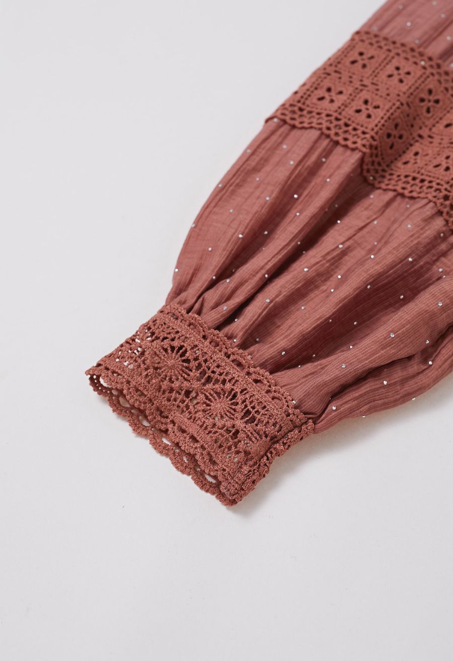 Rhinestone Decor Cutwork Panel Button Maxi Dress in Rust