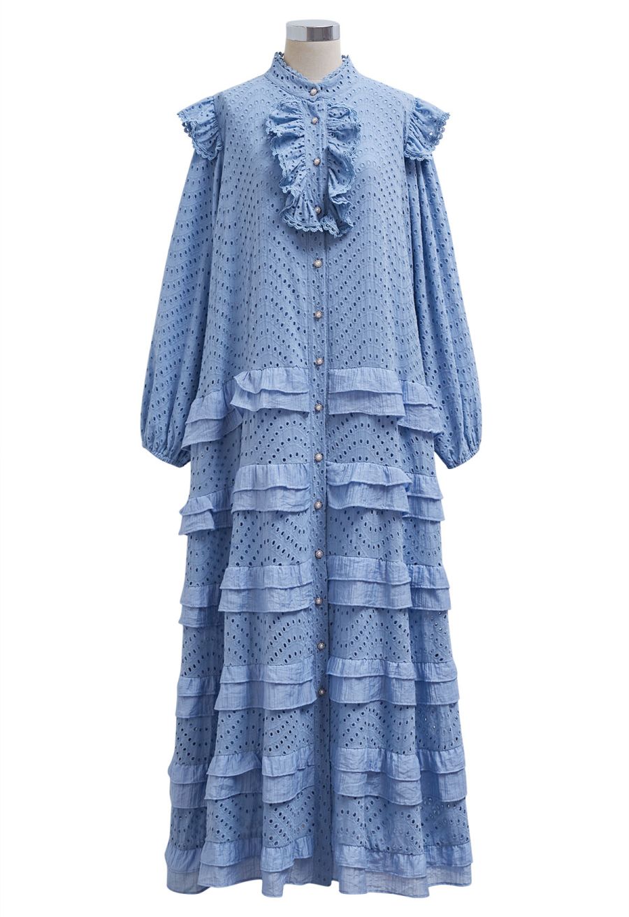 Embroidered Eyelet Tiered Ruffle Button Maxi Dress in Blue
