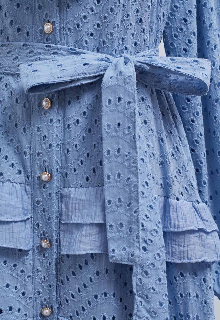 Embroidered Eyelet Tiered Ruffle Button Maxi Dress in Blue