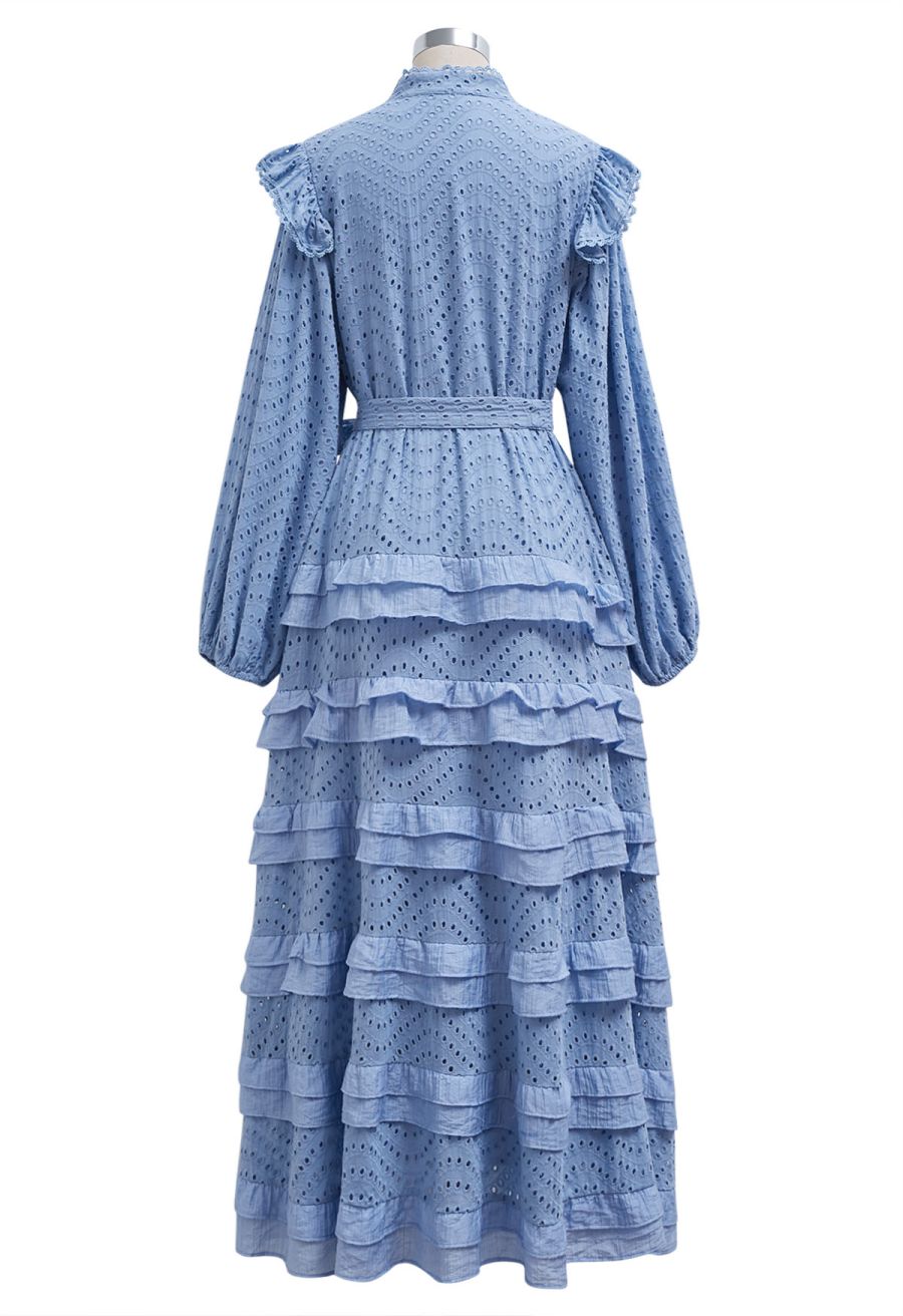 Embroidered Eyelet Tiered Ruffle Button Maxi Dress in Blue
