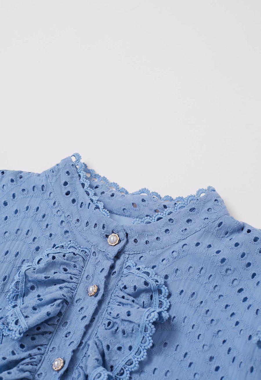 Embroidered Eyelet Tiered Ruffle Button Maxi Dress in Blue
