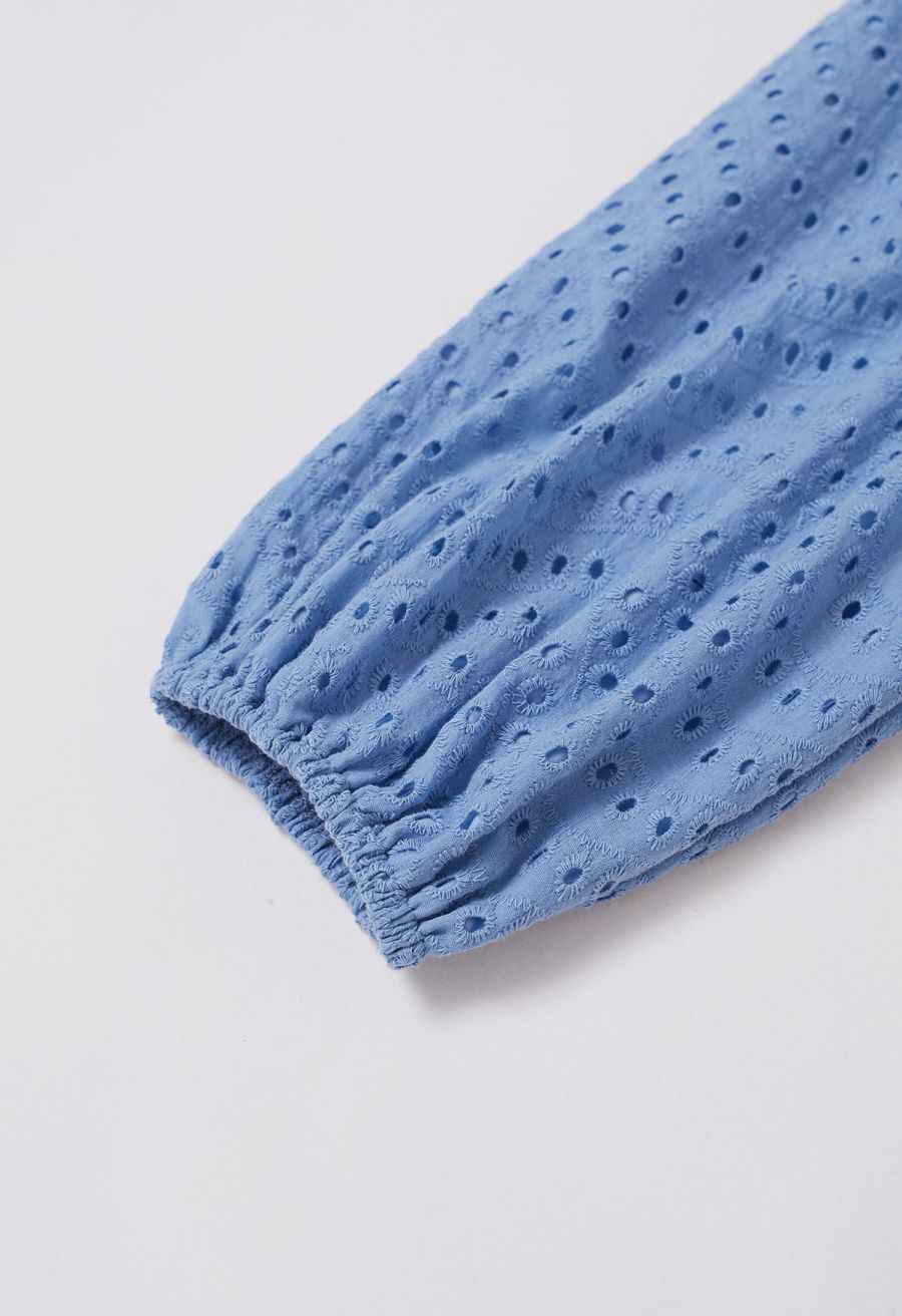 Embroidered Eyelet Tiered Ruffle Button Maxi Dress in Blue