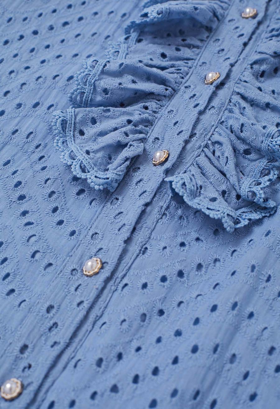 Embroidered Eyelet Tiered Ruffle Button Maxi Dress in Blue