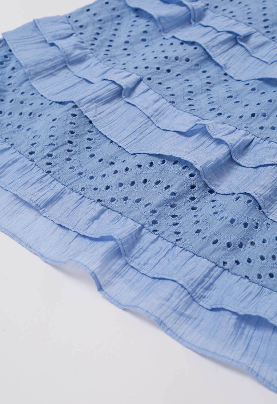Embroidered Eyelet Tiered Ruffle Button Maxi Dress in Blue
