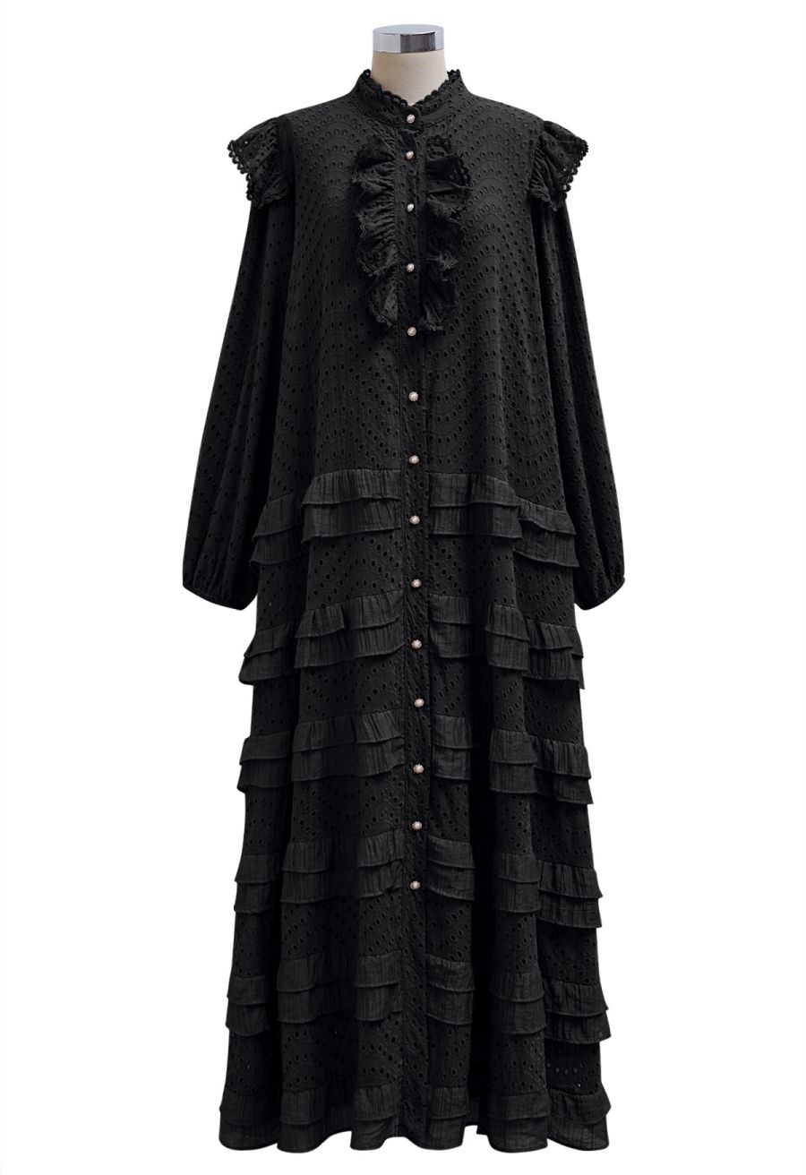 Embroidered Eyelet Tiered Ruffle Button Maxi Dress in Black