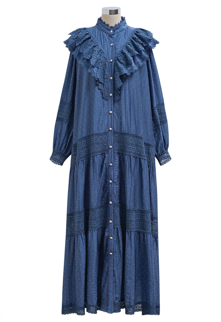 Rhinestone Decor Cutwork Panel Button Maxi Dress in Navy