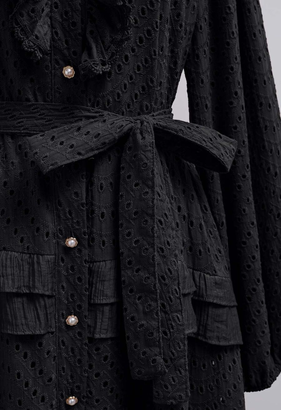 Embroidered Eyelet Tiered Ruffle Button Maxi Dress in Black