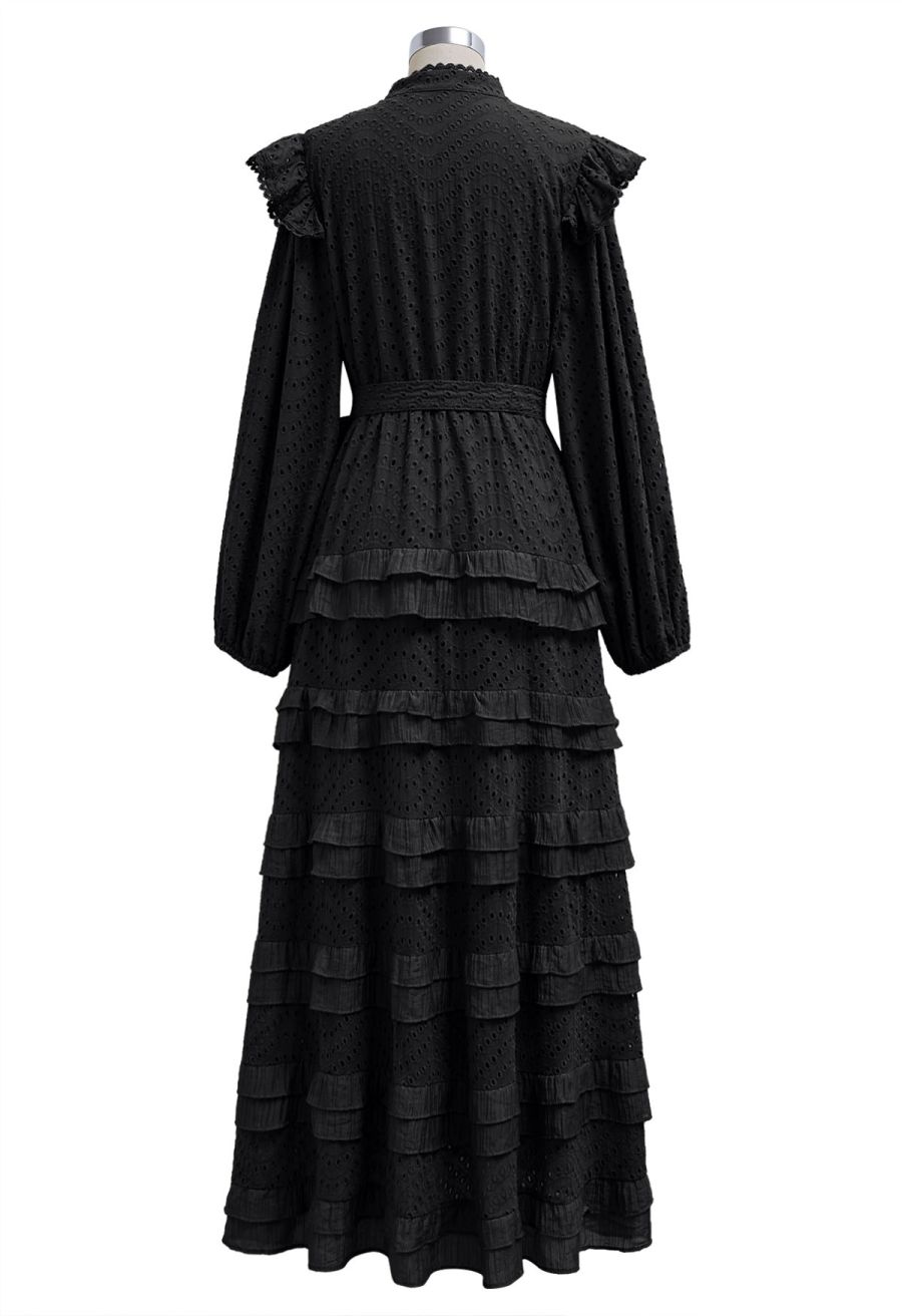 Embroidered Eyelet Tiered Ruffle Button Maxi Dress in Black