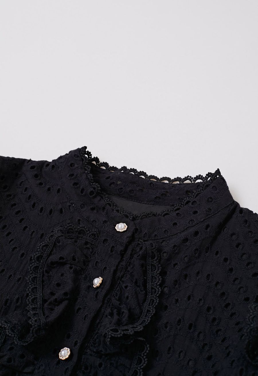 Embroidered Eyelet Tiered Ruffle Button Maxi Dress in Black