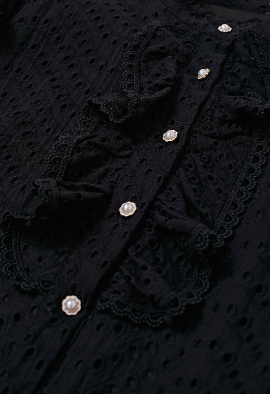 Embroidered Eyelet Tiered Ruffle Button Maxi Dress in Black