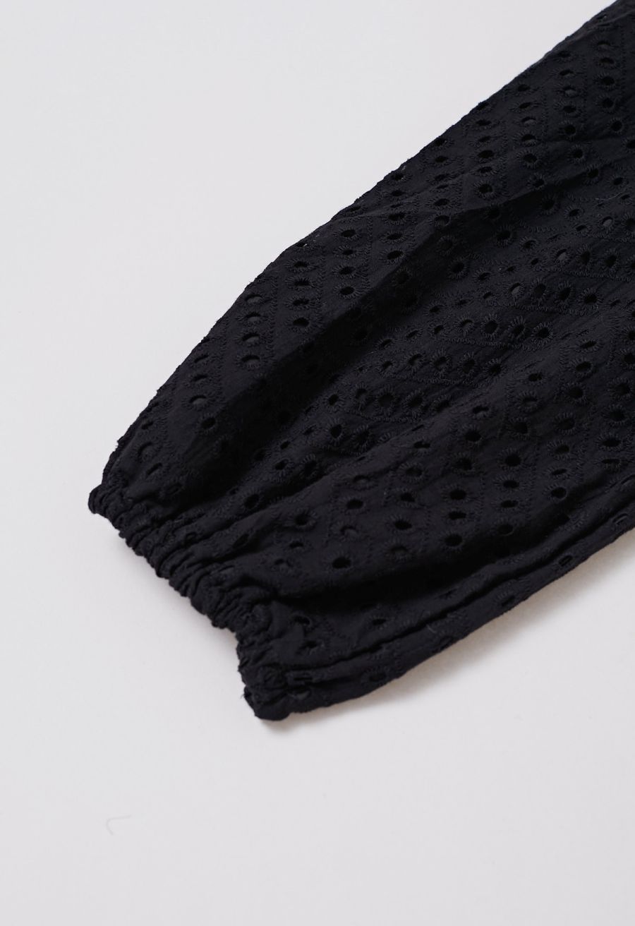 Embroidered Eyelet Tiered Ruffle Button Maxi Dress in Black