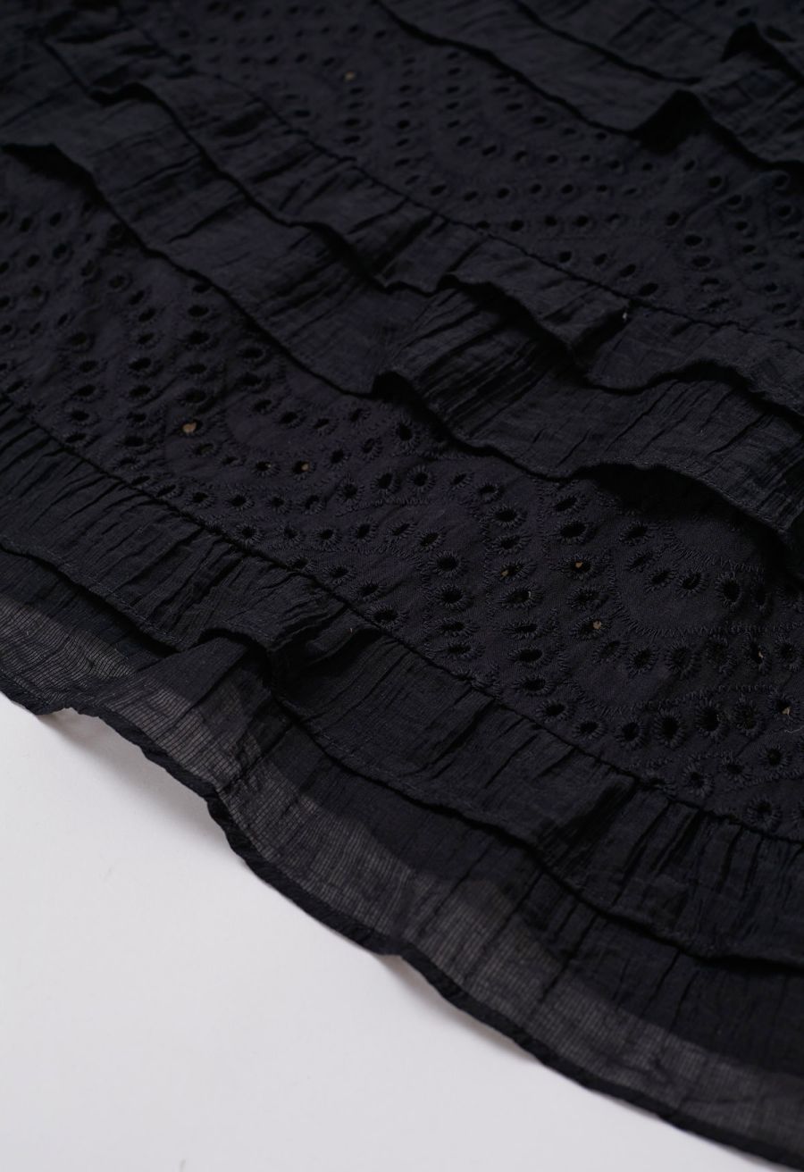 Embroidered Eyelet Tiered Ruffle Button Maxi Dress in Black