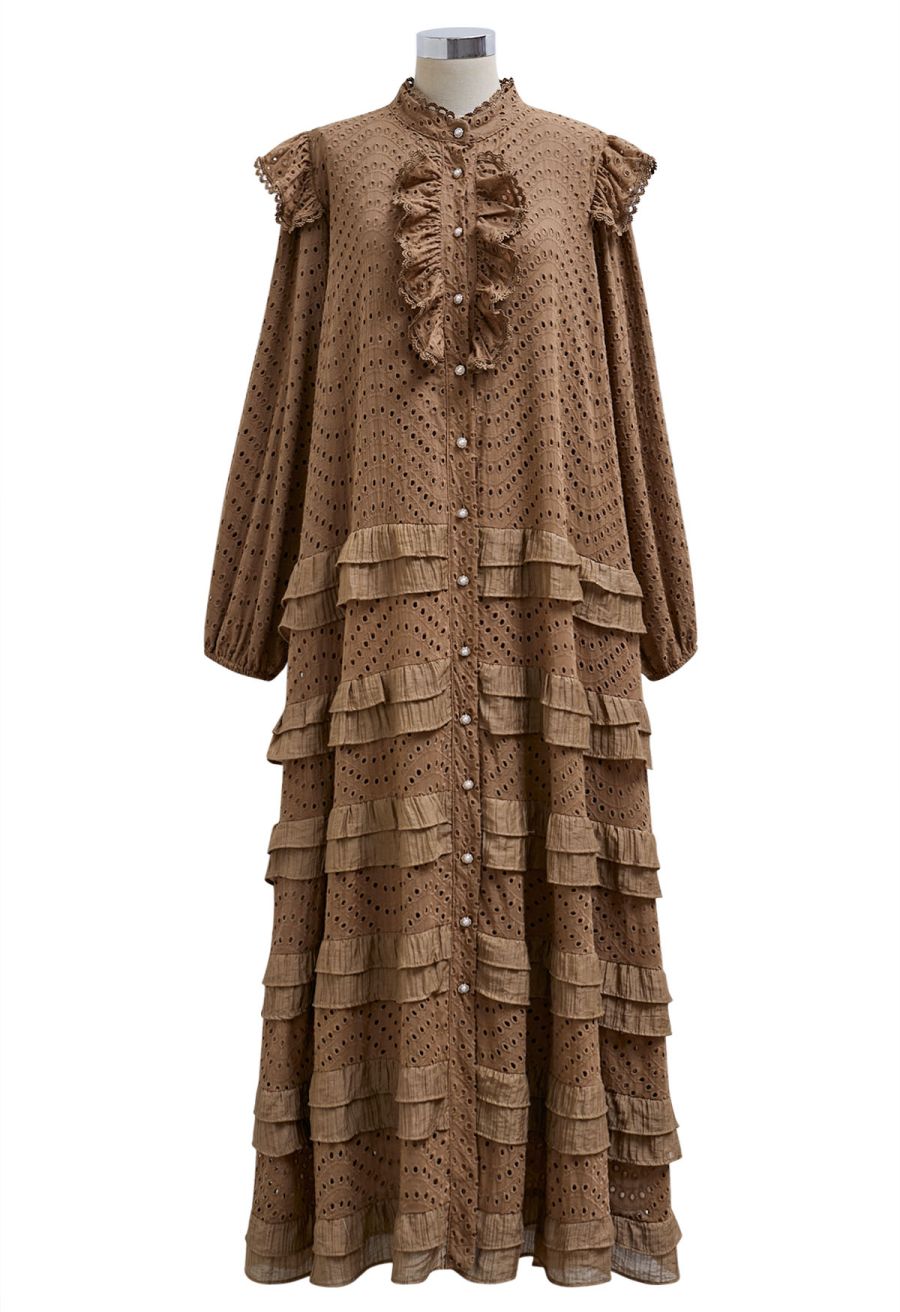 Embroidered Eyelet Tiered Ruffle Button Maxi Dress in Tan