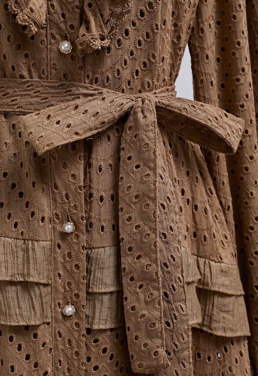 Embroidered Eyelet Tiered Ruffle Button Maxi Dress in Tan