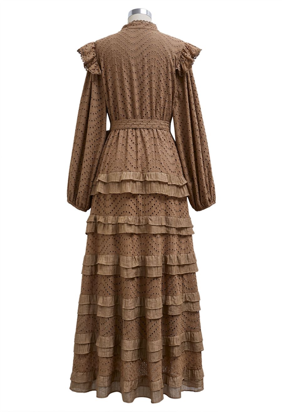 Embroidered Eyelet Tiered Ruffle Button Maxi Dress in Tan