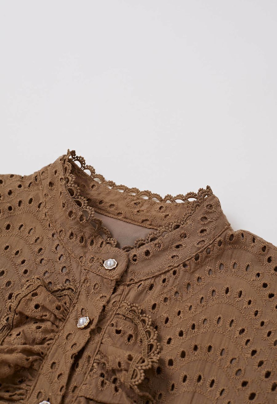 Embroidered Eyelet Tiered Ruffle Button Maxi Dress in Tan